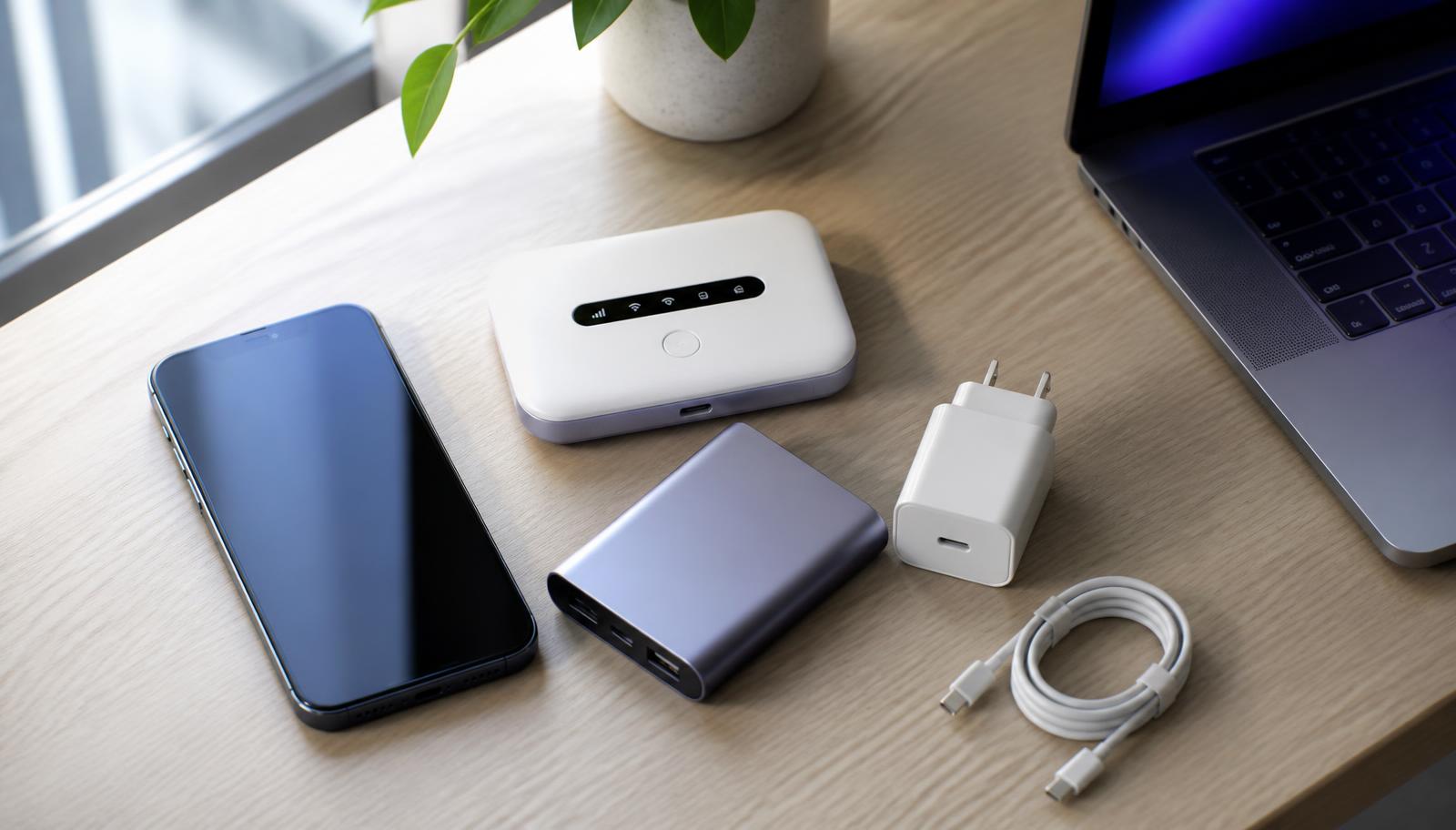 An unlocked phone, portable hotspot, power bank and charging cable on a desk